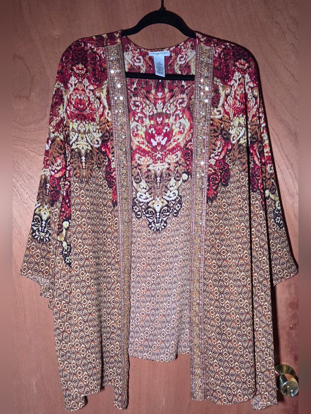 Catherines Red, Brown & Gold Boho Open-Front Kimono 4x (30/32) Beaded Trim
